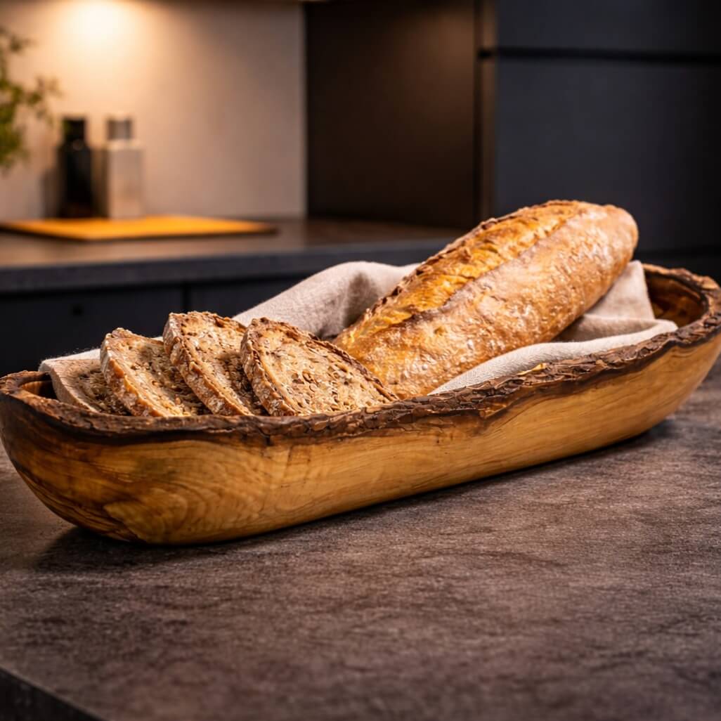 Bol à Pain & Baguette en Bois d'Olivier – Bord Rustique (30 cm)