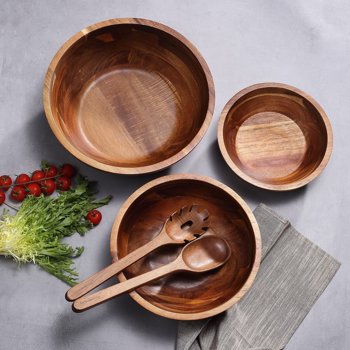 Set de Saladiers en Bois d'Acacia – 3 Bols avec Couverts à Salade