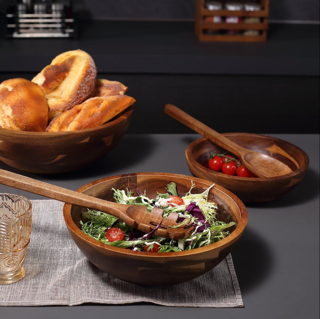 Set de Saladiers en Bois d'Acacia – 3 Bols avec Couverts à Salade