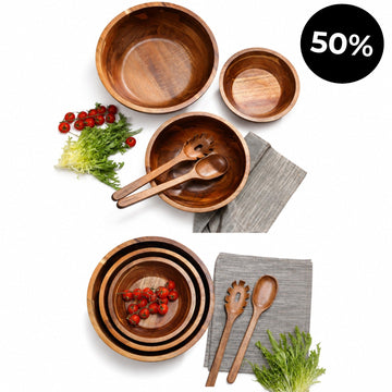 Set de Saladiers en Bois d'Acacia – 3 Bols avec Couverts à Salade