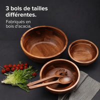 Set de Saladiers en Bois d'Acacia – 3 Bols avec Couverts à Salade